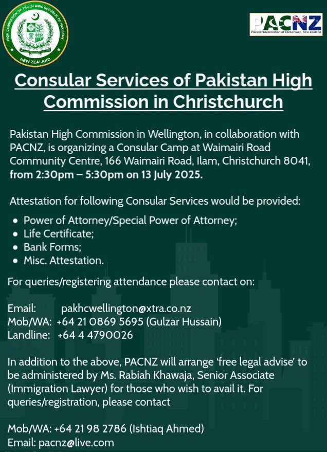 Consular Camp by Pakistan High Commission on 13 July 2025 in Christchurch.