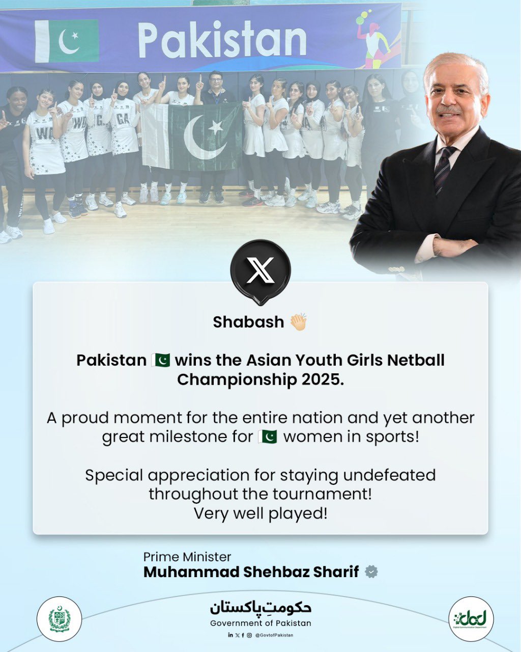 Pak Netball Team Prime Minister Muhammad Shehbaz Sharif congratulates the Pakistan Youth ...
