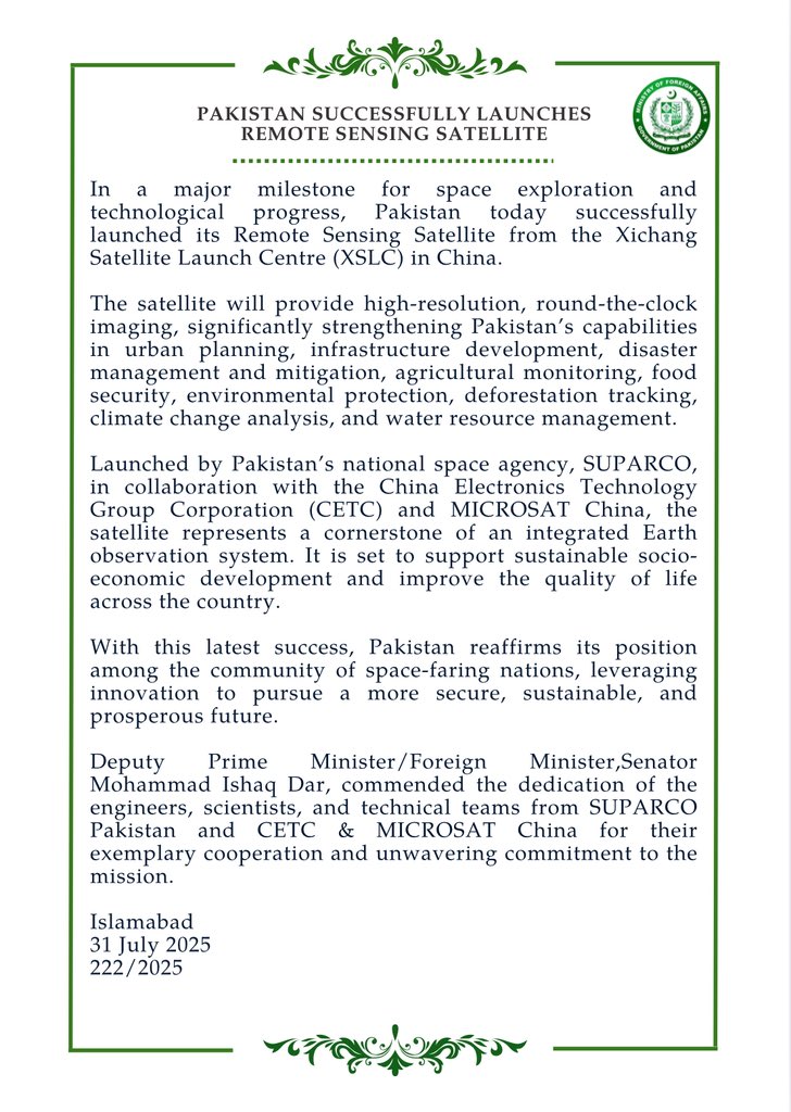 Pakistan Successfully Launches Remote Sensing Satellite.