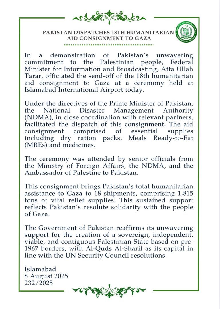 Pakistan Dispatches 18th Humanitarian Aid Consignment to Gaza.