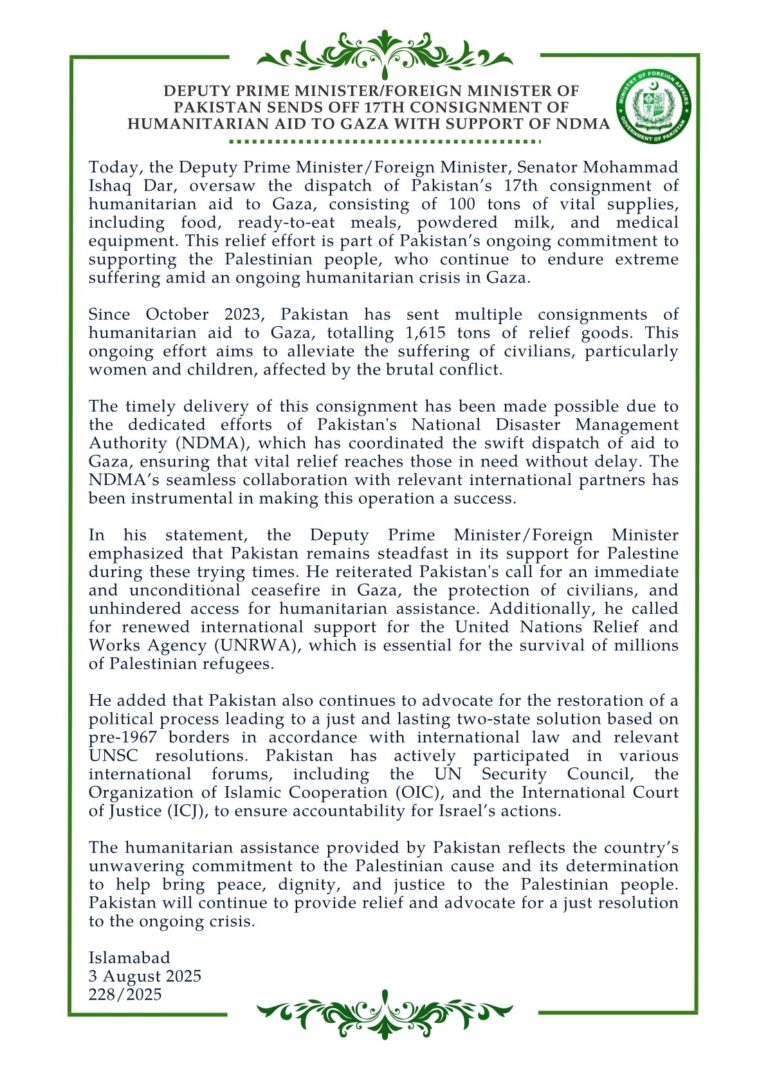 Deputy Prime Minister/Foreign Minister of Pakistan @MIshaqDar50 Sends Off 17th Consignment of Humanitarian Aid to Gaza with Support of NDMA.