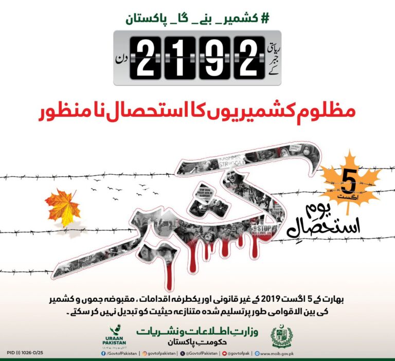 یوم استحصال کشمیر 5 اگست 2019 تاریخ کا سیاہ دن ہے