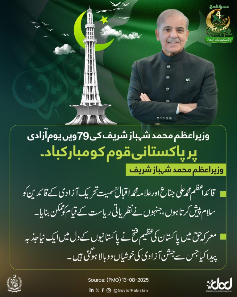 وزیراعظم محمد شہباز شریف نے 79 ویں یوم آزادی پر پاکستانی قوم کو آزادی اور معرکہ حق میں حالیہ شاندار کامیابی پر مبارکباد دی