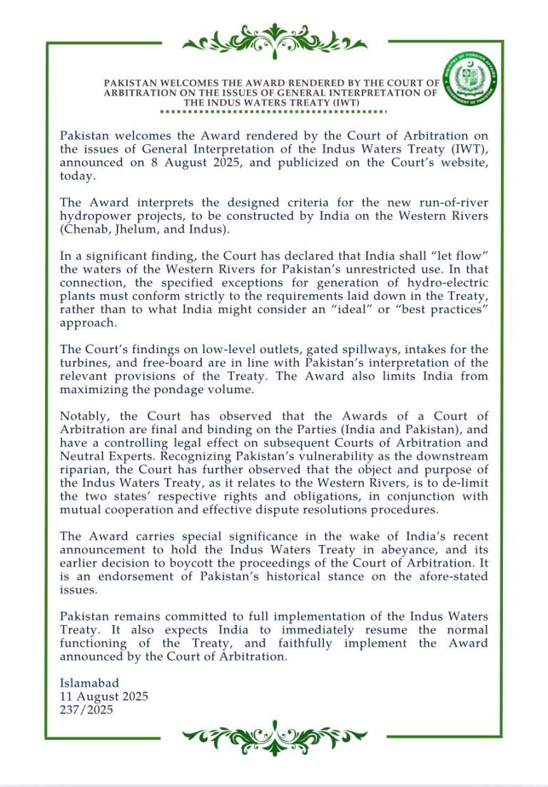 Pakistan Welcomes the Award Rendered by the Court of Arbitration on the Issues of General Interpretation of the Indus Waters Treaty (IWT).